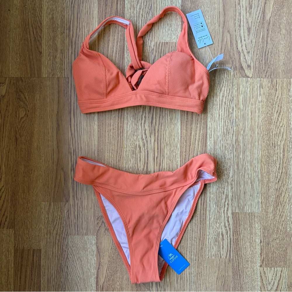Cupshe Orange Bikini Set crossover straps high cut high waisted size S NWT